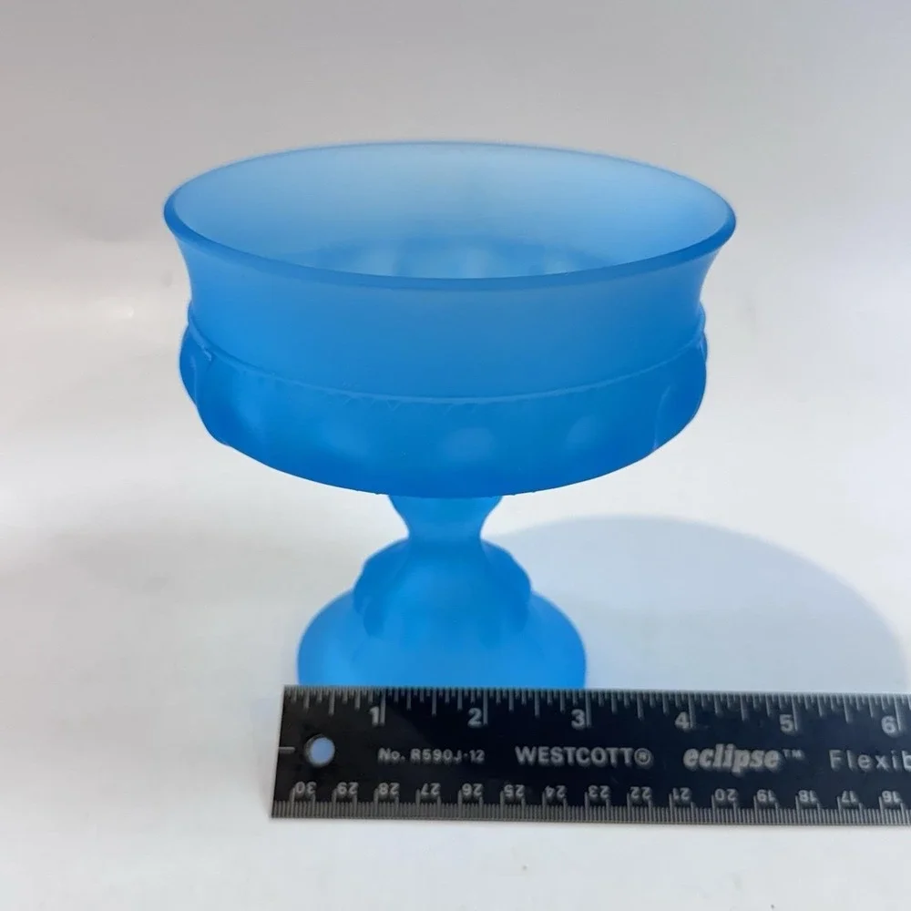 Vintage Fenton‎ Blue Satin Glass Compote Pedestal Candy Nut Bowl Dish Thumbprint
